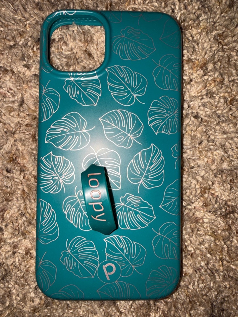 Loopy Case Teal Phone Case with White Monstera Leaf Print and Loop Grip